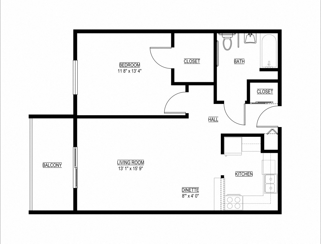 Floor plan for 1 bed, 1 bath, 739 sqft